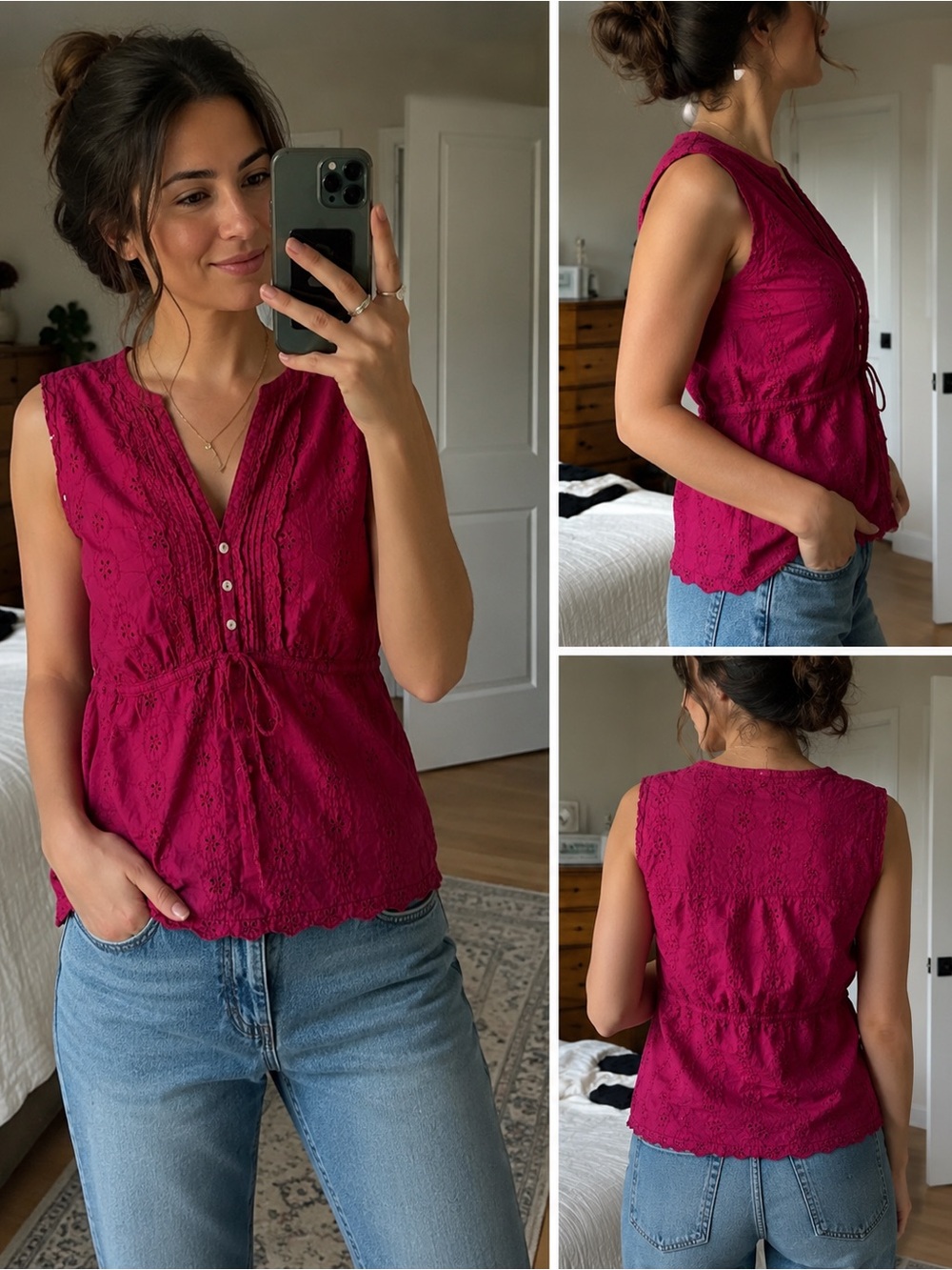 🌸 Converse One Star Sleeveless Eyelet Blouse | Women’s S Fits 4–6 | Magenta Pink